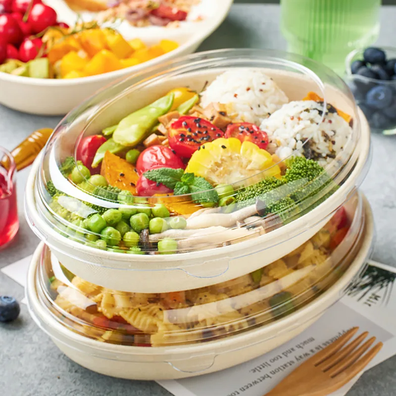 26 oz oval sukkerrør biologisk nedbrydelig salatskål med låg
