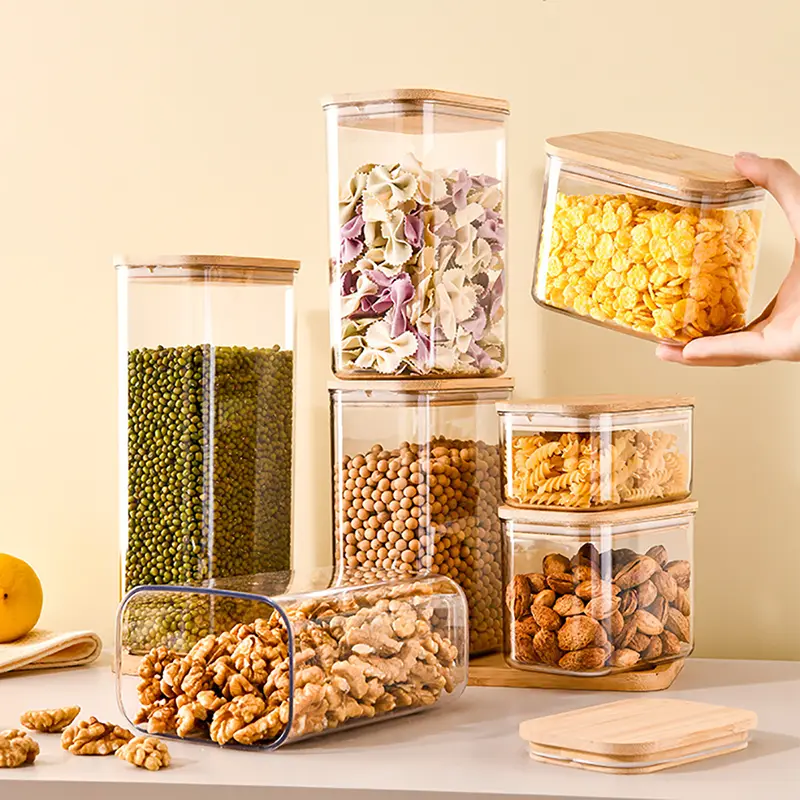 Opbevaringskrukke i plast med trælåg